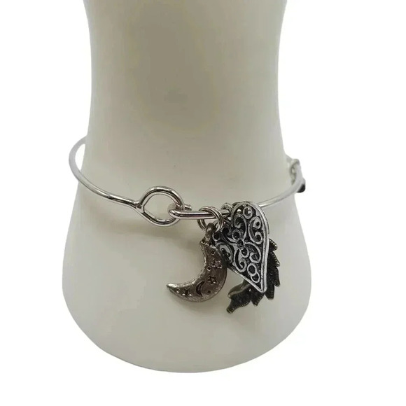 Moon Purple Stone Filigree Heart Charm Bangle Bracelet Silver Tone Vintage - Picture 1 of 5
